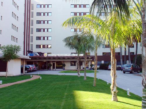 Lawn and palm trees infront of a hotel