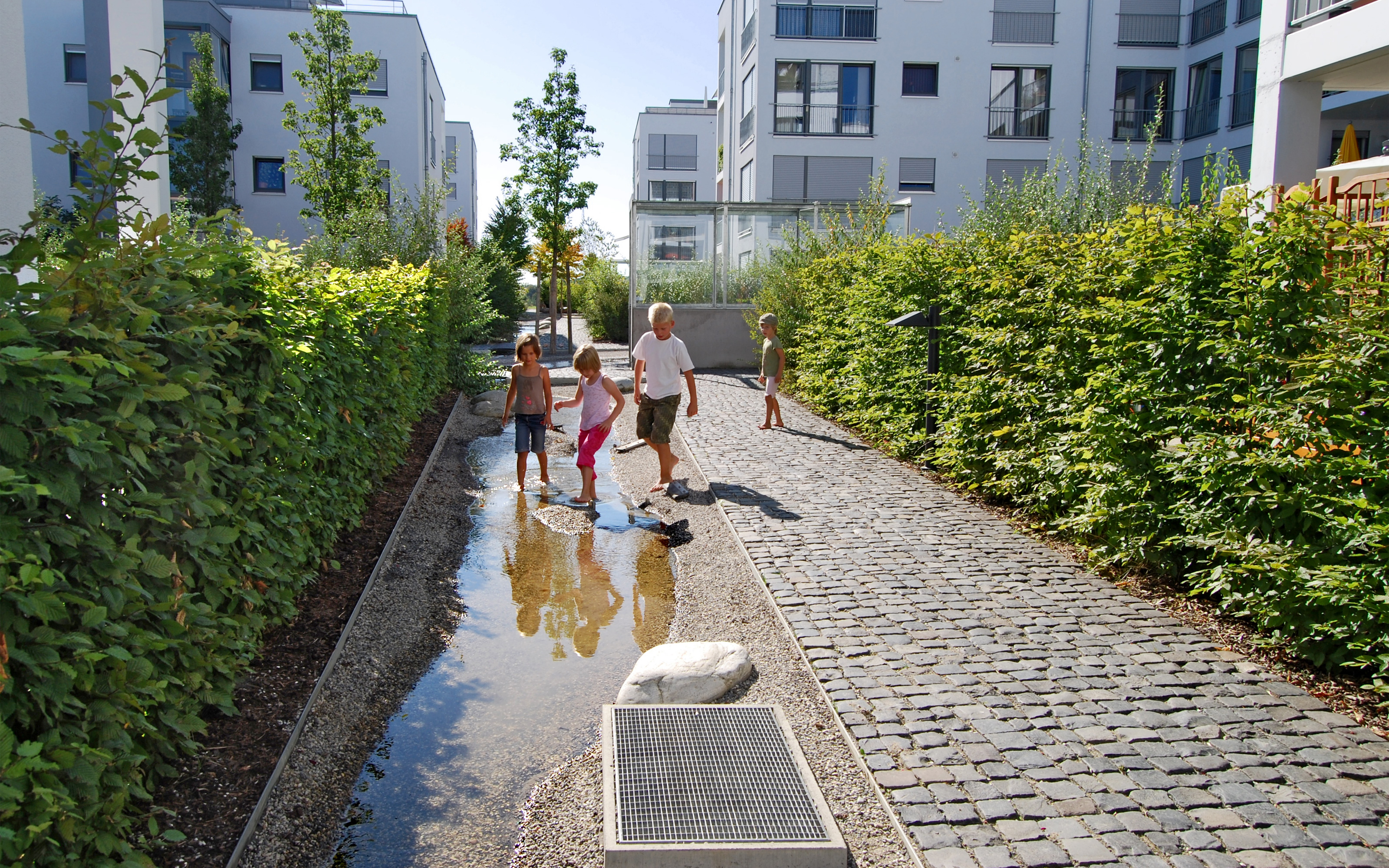 Children playing at an artificial creek within a green courtyard
