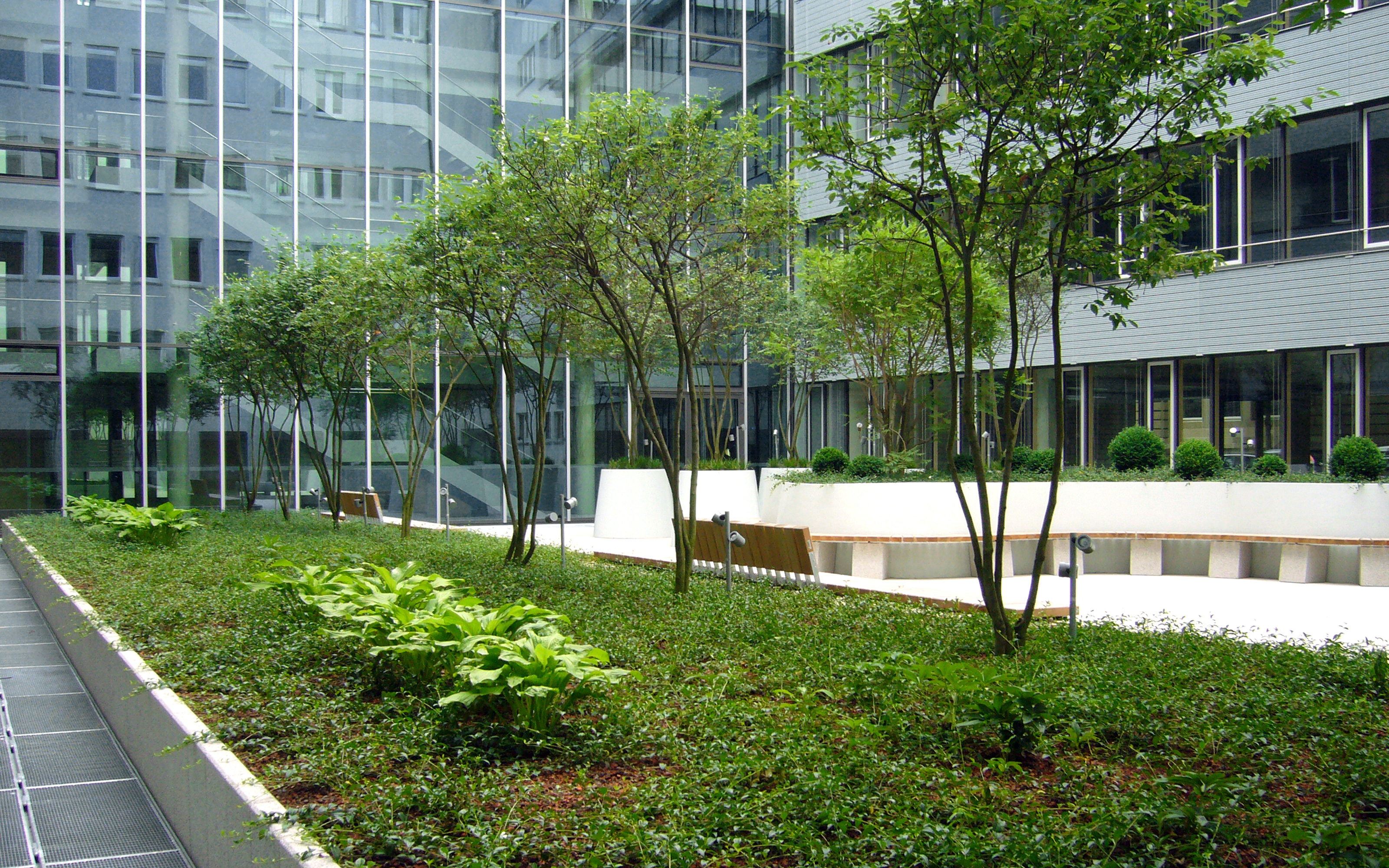 Green courtyard with planters