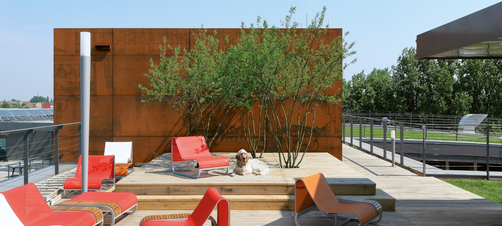 Terrace with timber decking and lounge chairs