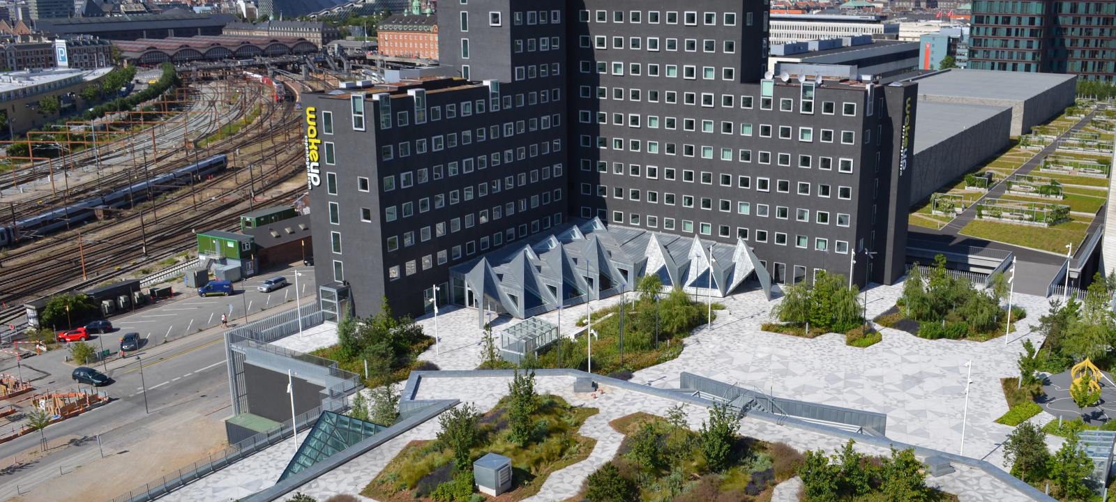Green roof with walkways and plant beds in the city
