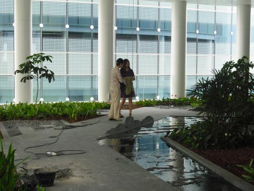 Two women on a covered outdoor area with water feature and plants