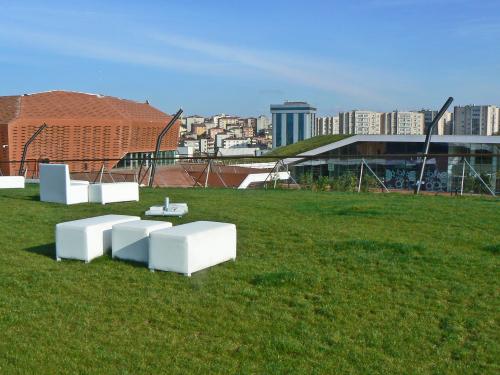 Roof garden with lawn and seats
