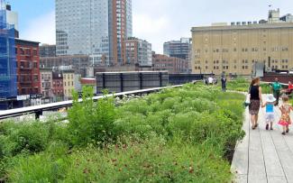 People strolling across an elevated park in the city