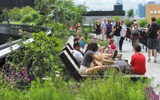 People relaxing von wooden deck chairs and strolling across an elevated park