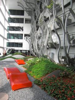 Vertical greening and red deck chairs