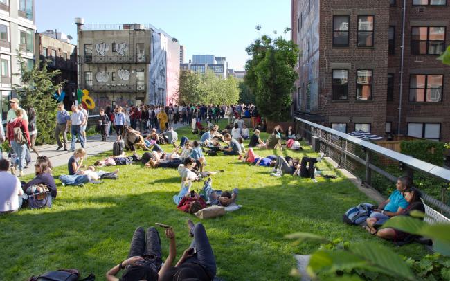 Lawn with lots of people sunbathing